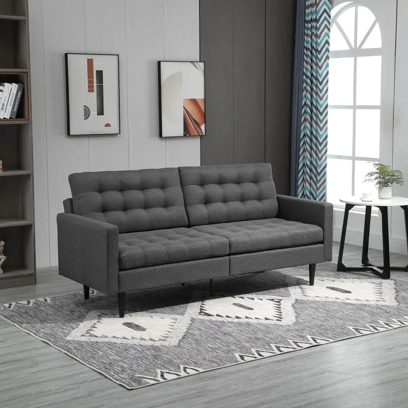 HOMCOM Linen Fabric Convertible Sofa Bed with Button Tufted Back Design, Adjustable Angles and Wood Legs, Grey
