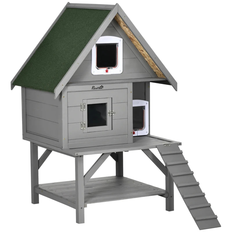 PawHut Outdoor Cat House with Flower Pot, 2-Story Feral Cat House with Weather Resistant Roof, Wooden Cat Shelter with Window, Multiple Entrances, Resting Condos