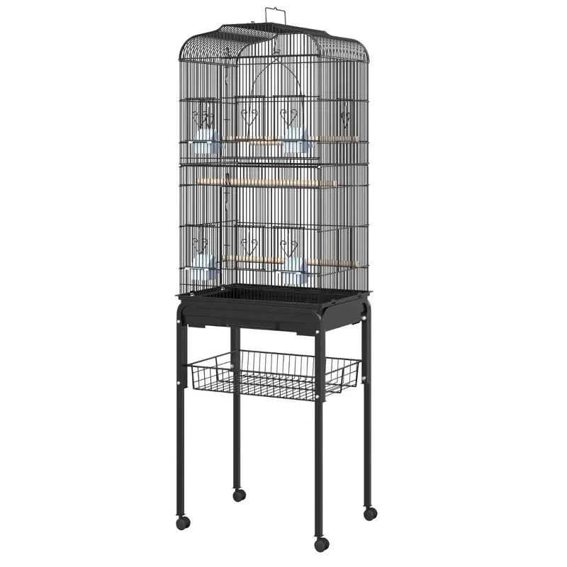 PawHut 63" Metal Indoor Bird Cage Starter Kit with Detachable Rolling Stand, Storage Basket, and Accessories - Black