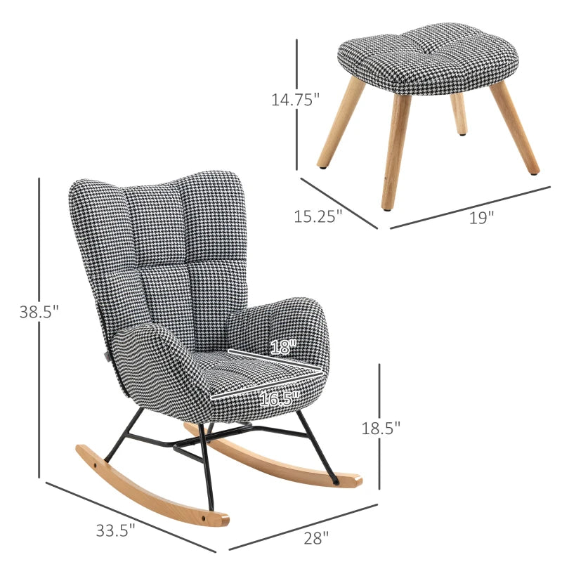 HOMCOM Glider Rocker with Ottoman Set, Houndstooth Nursery Rocking Chair, Upholstered Wingback Armchair for Living Room and Bedroom