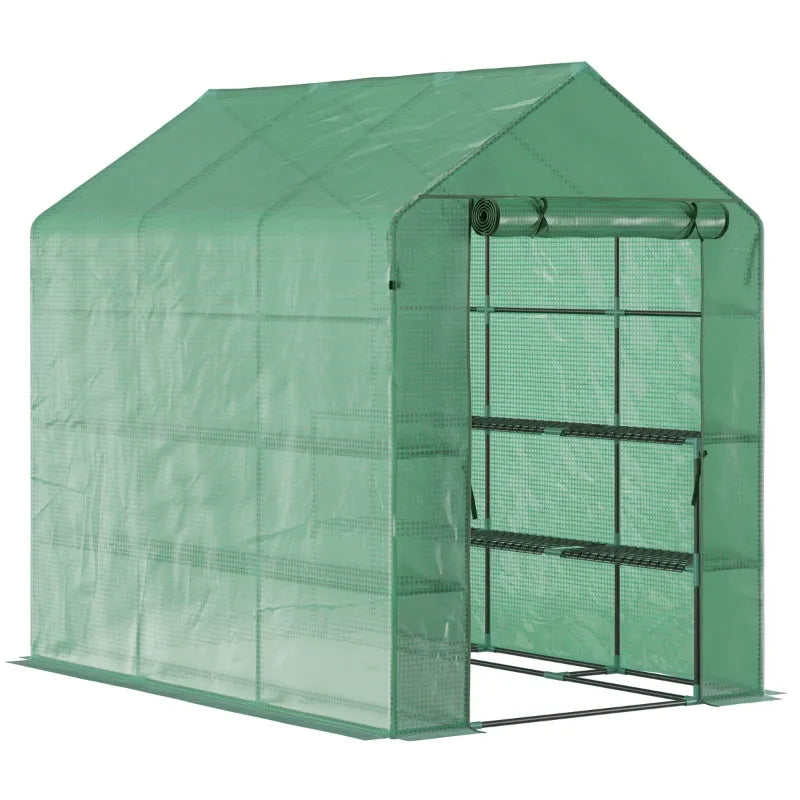 Outsunny 84.25" x 56.25" x 76.75" Walk-in Greenhouse, PE Cover, 3-Tier Shelves, Steel Frame Hot house, Roll-Up Zipper Door for Flowers, Vegetables, Saplings, Tropical Plants, Green