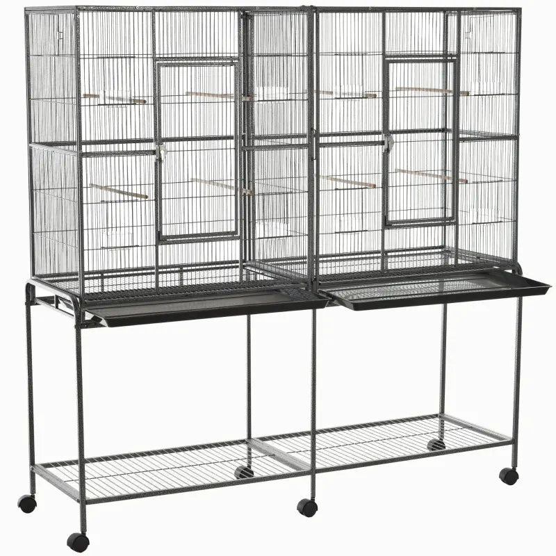 PawHut Wrought Metal Bird Cage Feeder with Rolling Stand Perches Food Containers Doors Wheels 67" H, White