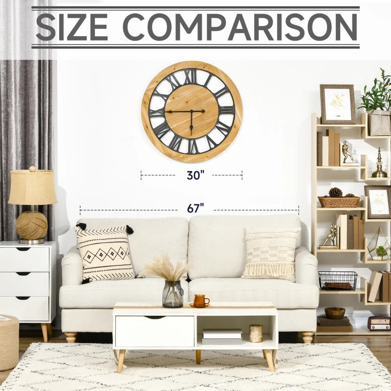 HOMCOM 36 Inch Large Wall Clock, Square Silent Non Ticking Metal Wood Farmhouse Roman Numeral Clocks for Living Room Decor, Battery Operated, Black and Natural Wood Color