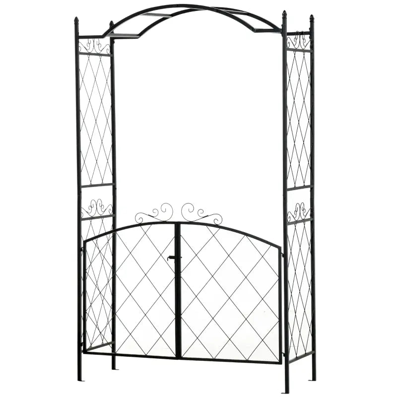 Outsunny 86" Garden Arbor Arch Gate with Trellis Sides for Climbing Plants, Wedding Ceremony Decorations, Grape Vines with Locking Doors, Planter Baskets, Flourishes & Arrow Tips, Black