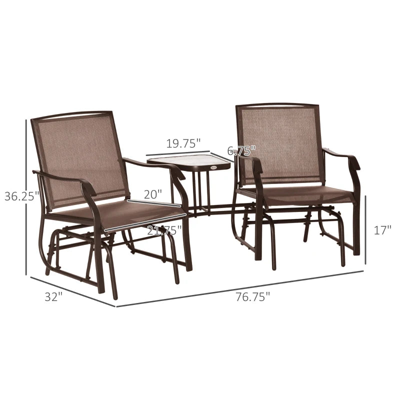 Outsunny Outdoor Glider Chairs with Coffee Table, Patio 2-Seat Rocking Chair Swing Loveseat with Breathable Sling for Backyard, Garden, and Porch, Coffee Brown