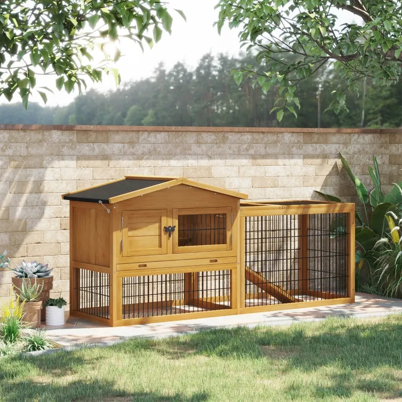 PawHut Solid Wood Rabbit Hutch with 2 House Levels and Patio Space