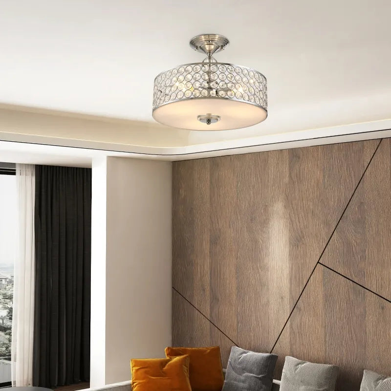 HOMCOM Chandelier Pendant Light Lamp with Crystal Ball Pole, Drum Shaped Shade, Ceiling-Connecting Metal Base - Silver