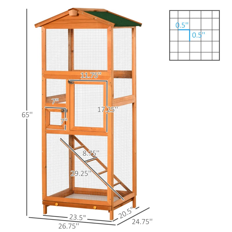 PawHut 65" Wooden Bird Cage Outdoor Aviary House for Parrot, Parakeet, with Pull Out Tray and 2 Doors, Grey