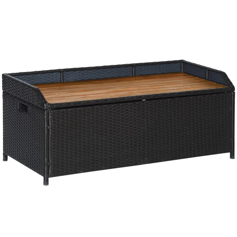 Outsunny Outdoor Storage Bench Wicker Deck Boxes with Wooden Seat, Gas Spring, Rattan Container Bin with Lip, Ideal for Storing Tools, Accessories and Toys, Mixed Grey