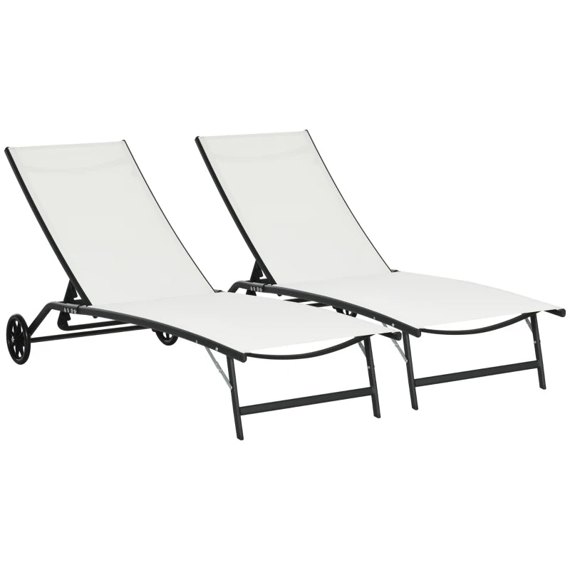 Outsunny Chaise Lounge Pool Chairs Set of 2, Aluminum Outdoor Sun Tanning Chairs with Five-Position Reclining Back, Shelf & Breathable Mesh for Beach, Yard, Patio, Light Gray