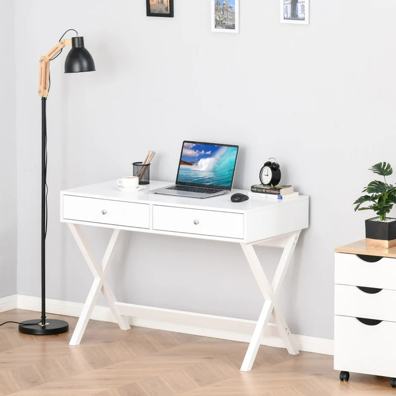 HOMCOM Modern Writing Desk, White Computer Desk, Vanity Makeup Table with Two Drawers, X-shaped Leg for Home Office, Bedroom