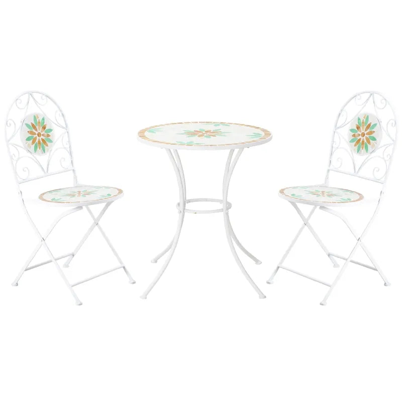 Outsunny 3 Piece Patio Bistro Set, Floral Mosaic Pattern, Metal Folding Chairs, Foldable Outdoor Dining Table for Coffee, Decor, Garden, Poolside, Porch, White