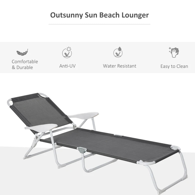 Outsunny Padded Patio Sun Lounge Chair, Foldable Reclining Chaise Lounge with 5 Position Adjustable Backrest & Comfortable Pillow for Outdoor Garden Porch, Grey