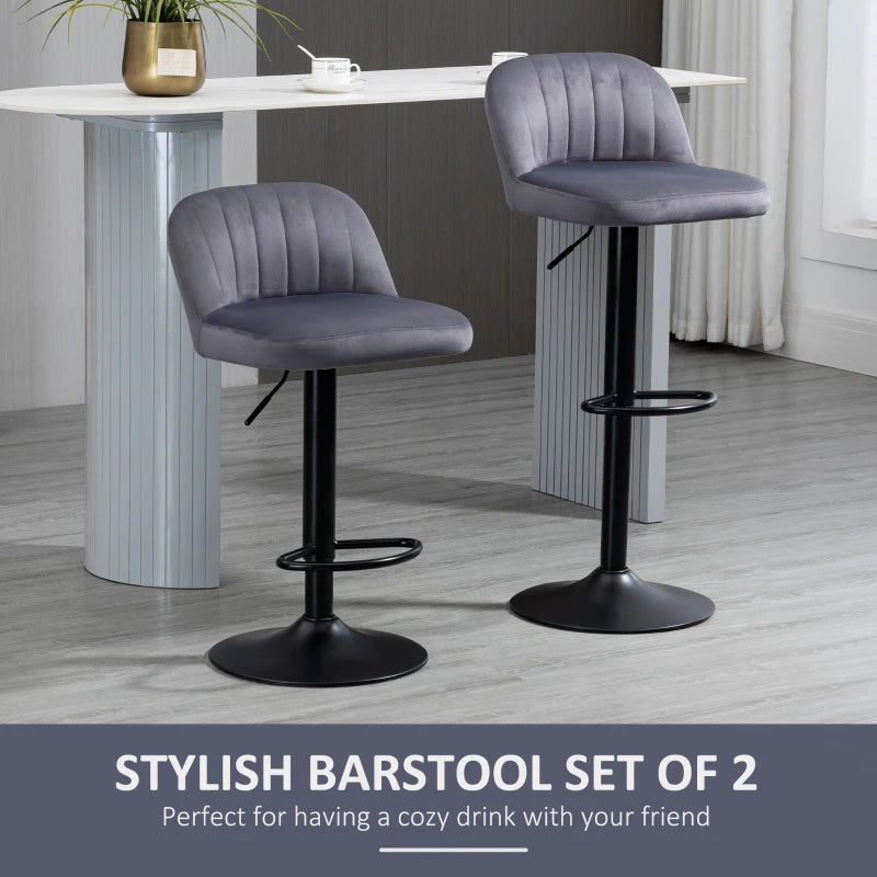 HOMCOM Adjustable Bar Stools, Set of 2, Velvet Counter Height Barstool, Upholstered Kitchen Stool with Swivel Seat, Steel Frame, Footrest, ‎Grey