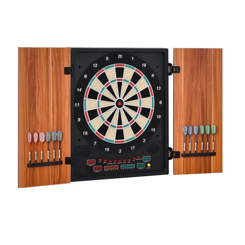 Soozier Electronic Dartboard Cabinet Set with 27 Main Games, 202 Variations, 12 Darts for Multi-Game Option Ready-to-Play, Light Brown