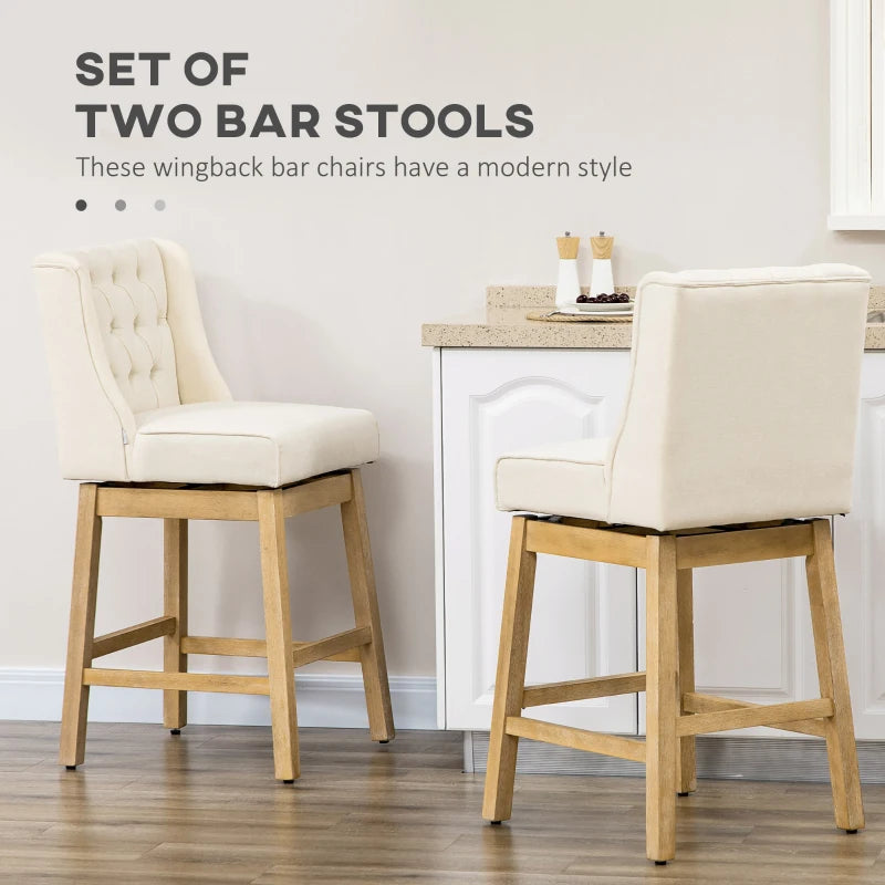 HOMCOM Bar Height Bar Stools Set of 2, 180 Degree Swivel Kitchen Island Stool, 30" Seat Height with Solid Wood Footrests and Button Tufted Design, Beige-1