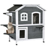PawHut Wooden 2-Story Indoor or Outdoor Cat House with Escape Door, Cat Shelter Kitten Condo Furniture, Openable Asphalt Roof and 4 Platforms, White