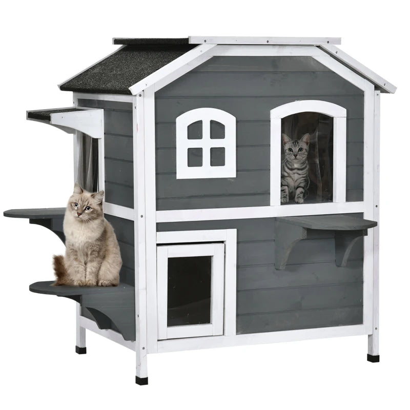 PawHut Wooden Cat House Outdoor with Escape Door, Weatherproof 2-Story Outside Cat Enclosure for Feral Cats with Openable Asphalt Roof, Jumping Platforms, Natural