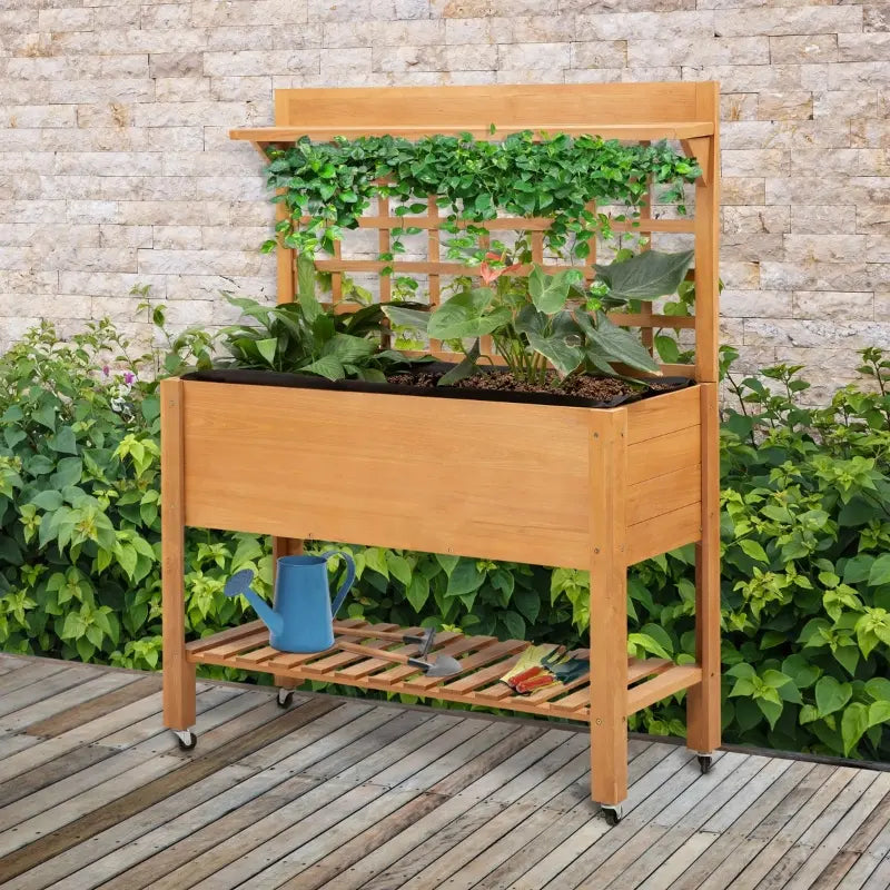 Outsunny 3-Tiers Raised Garden Bed with Wheels, Trellis, Back Storage Area, 53" Easy Movable Wooden Planter Boxes for Flowers, Vegetables, Herbs, Natural