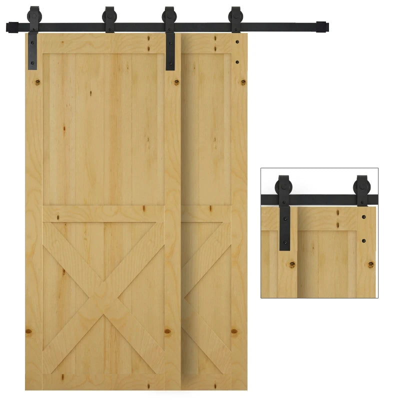 HOMCOM 6.6FT Carbon Steel Sliding Barn Door Kits Hardware Closet Set Track System for Double Wooden Door Industrial Wheel Style Roller