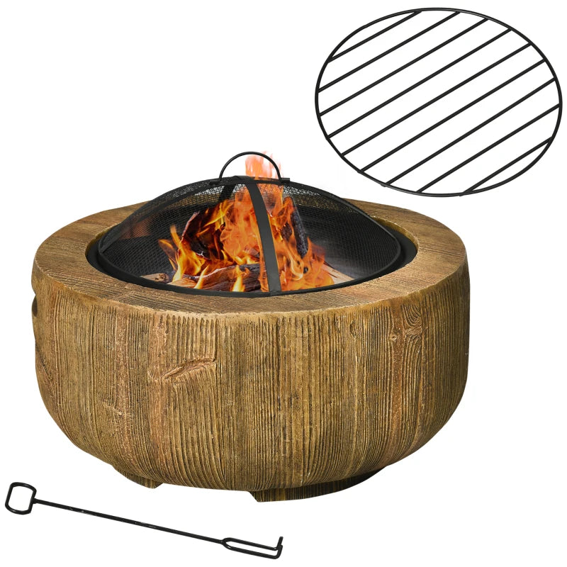 Outsunny Outdoor Fire Pit, 24 Inch Metal Wood Burning Fireplace with Spark Cover, Poker, Woodgrain Design for Patio, Picnic, Backyard, Light Brown