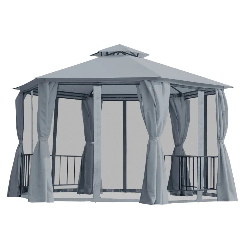 Outsunny 13' x 13' Patio Gazebo, Double Roof Hexagon Outdoor Gazebo Canopy Shelter w/ with Netting & Curtains, Solid Steel Frame for Garden, Lawn, Backyard and Deck, Grey