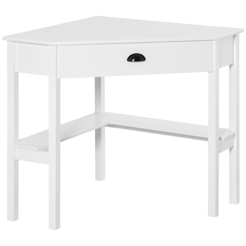 HOMCOM Corner Desk, Triangle Computer Desk with Drawer and Storage Shelves for Small Spaces, Home Office Workstation for Living Room, or Bedroom, White