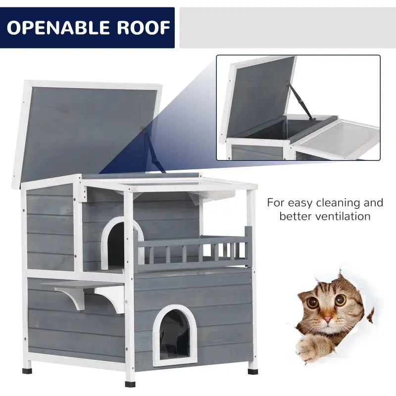 PawHut Wooden Outdoor Cat House, Feral Cat Shelter Kitten Tree with Asphalt Roof, Escape Doors, Condo, Jumping Platform, Grey