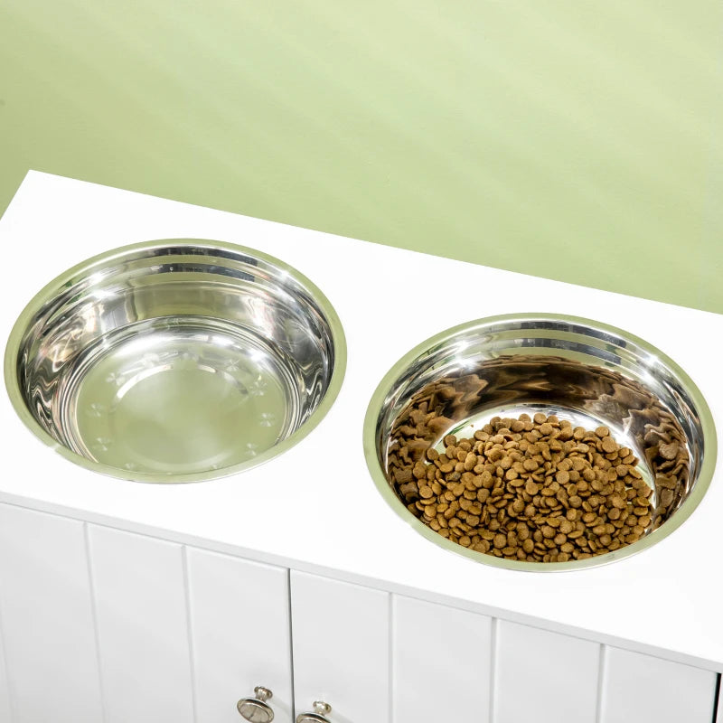 PawHut Elevated Dog Bowls for Large Dogs Pet Feeding Station with Stand, Storage, 2 Stainless Steel Food and Water Bowls, White, 23.5" x 12" x 14"