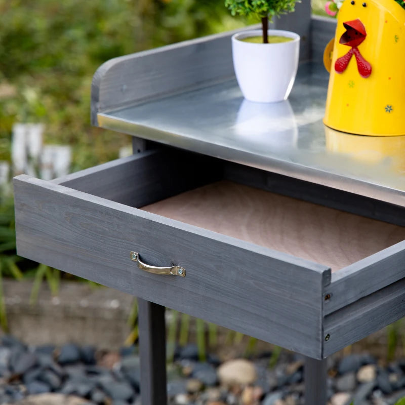 Outsunny Garden Potting Bench Table with Lockable Storage Cabinet and Open Shelf, Outdoor Planting Workstation with Steel Tabletop, Grey