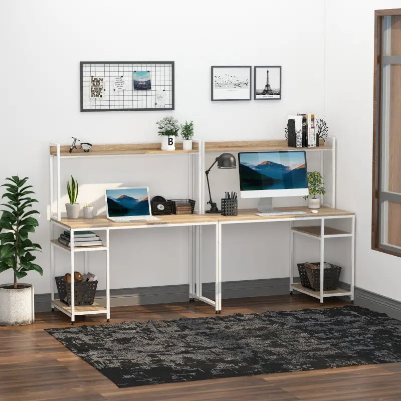 HOMCOM 94.5in Industrial Double Computer Desk with Hutch and Storage Shelves, Extra Long Home Office Writing Table 2 Person Workstation, CPU Stand, Oak Wood Grain