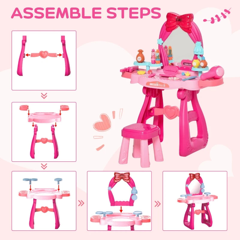 Qaba Kids Vanity Makeup Table Set with Chair, 36-Piece Princess Vanity Table and Comfortable Safe Stool, Imaginative Toy, Beauty Kits, Lights for 3 Years Old Red, Pink