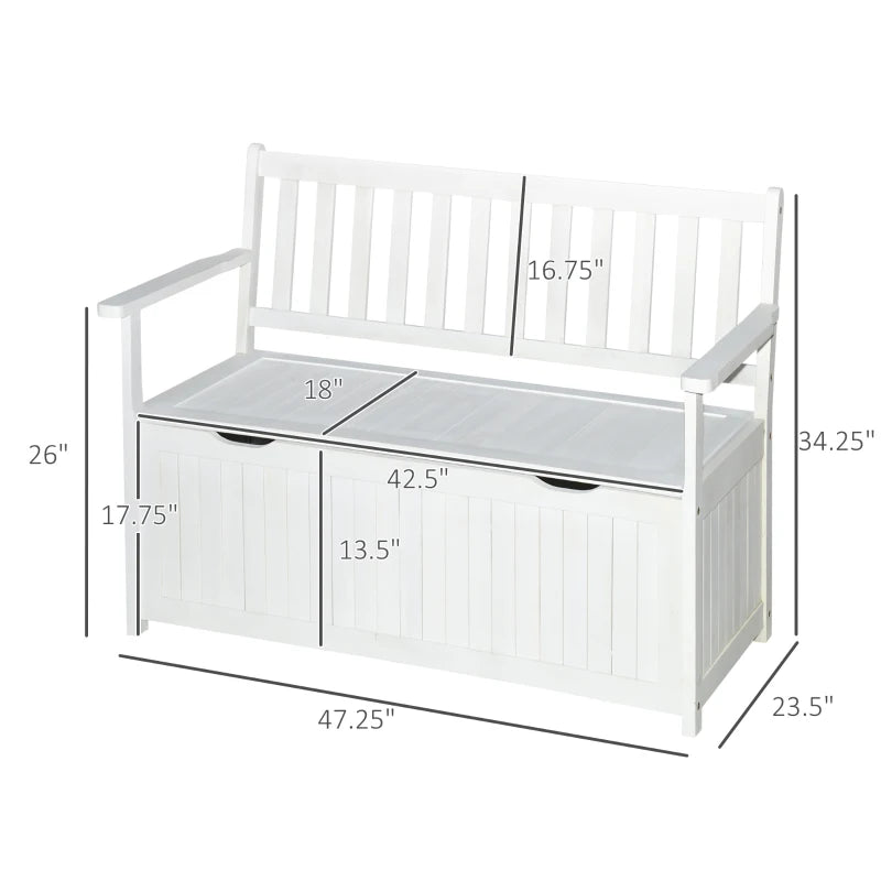Outsunny 47.25" Wooden Outdoor Storage Bench with PE Lining Deck Box Storage Container and Seat White
