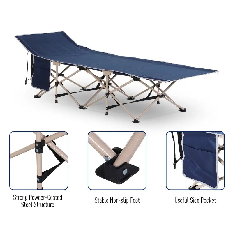Outsunny Folding Camping Cots for Adults with Carry Bag, Side Pocket, Outdoor Portable Sleeping Bed for Travel Camp Vacation, 330 lbs. Capacity, Blue