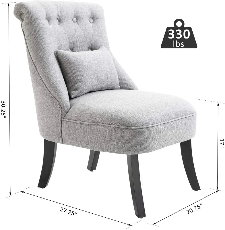 HOMCOM Small Button-Tufted Accent Chair Mid-Back Leisure Armchair with Upholstered Fabric, Solid Wood Legs, and Support Pillow, Grey