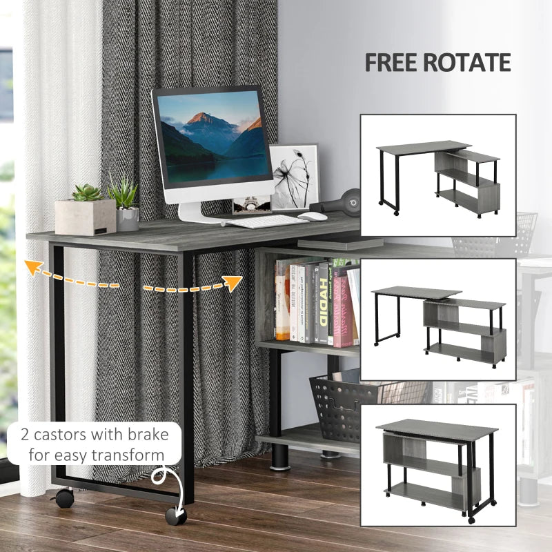 HOMCOM Mobile L-Shaped Rotating Computer Desk with Storage Shelves Moveable Rolling Writing Table Home Office Study Workstation for Home Office, Grey