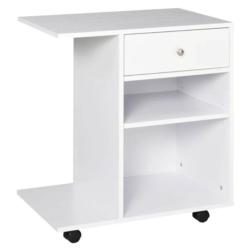 Vinsetto Wooden Side Table Storage Organizer with Drawer, CPU Stand, and Wheels, White