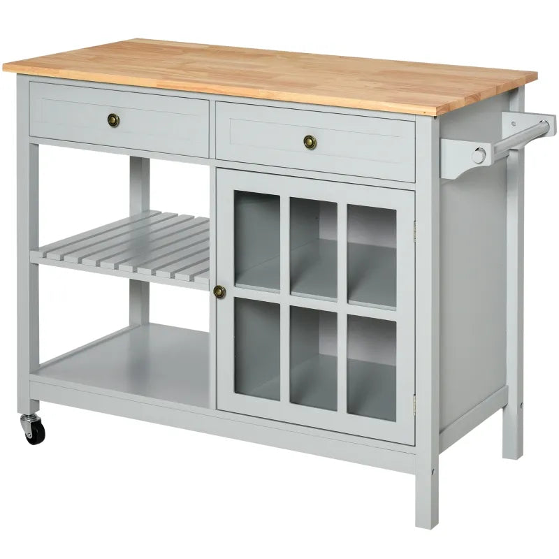 HOMCOM Kitchen Island Utility Storage Trolley Cart with Rubber Wood Top, Towel Rack, 2 Cabinets & Drawers for Dining Room, Grey