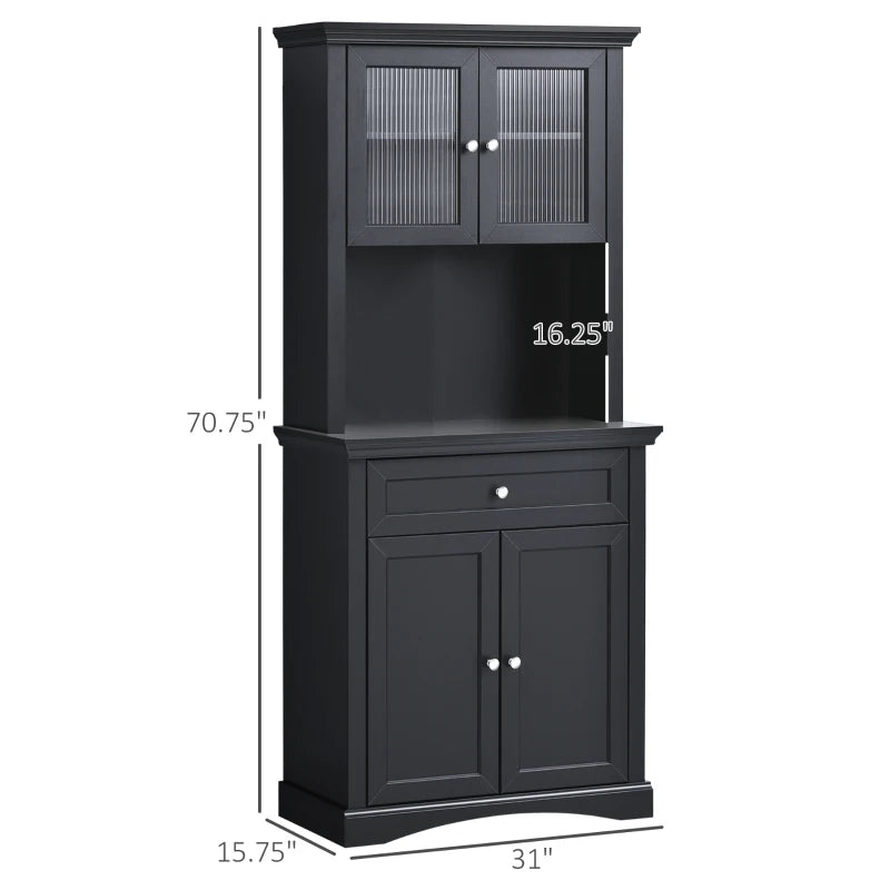 HOMCOM 71" Traditional Freestanding Kitchen Buffet with Hutch, Pantry Cabinet with 4 Doors, 3-Level Adjustable Shelves, and 1 Drawer, Black