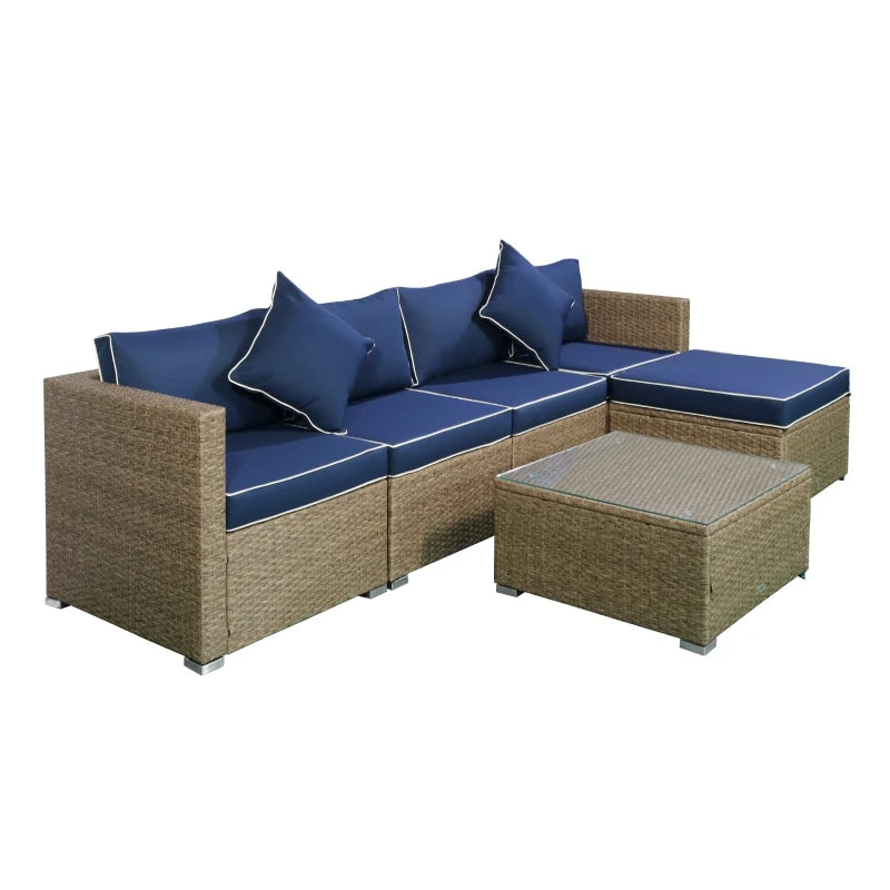 Outsunny 6 Pieces Patio Furniture Sets Outdoor Wicker Conversation Sets All Weather PE Rattan Sectional sofa set with Ottoman, Cushions & Tempered Glass Desktop, Blue