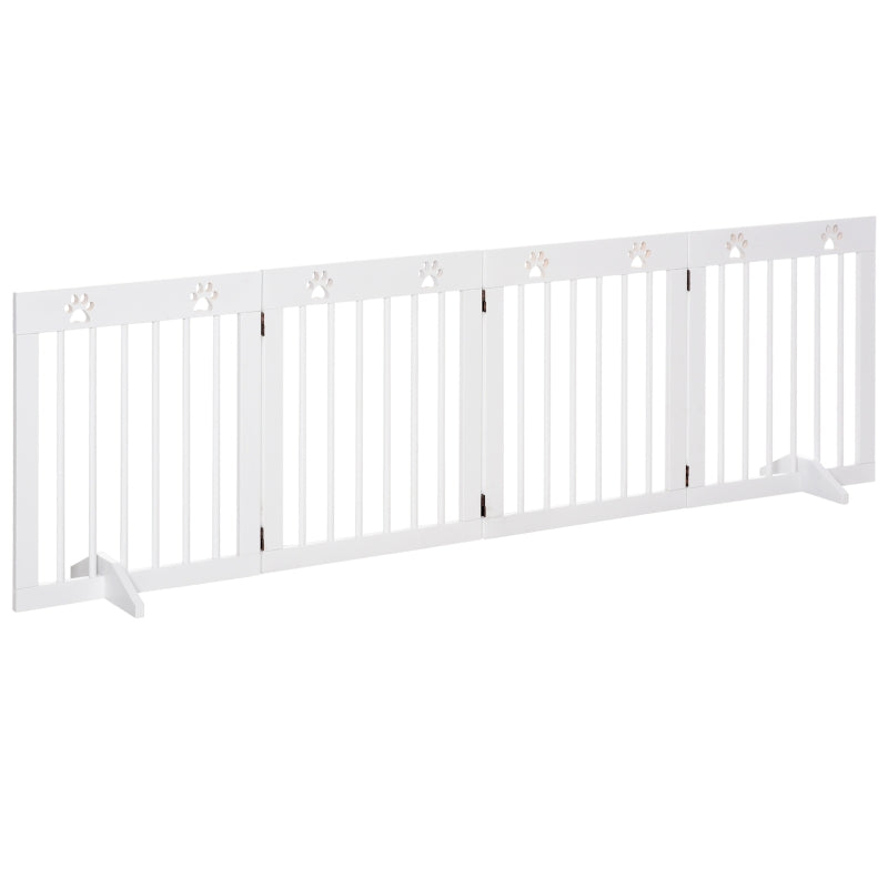 PawHut Freestanding Pet Gate 4 Panel Folding Wooden Dog Barrier w/ Support Feet, White