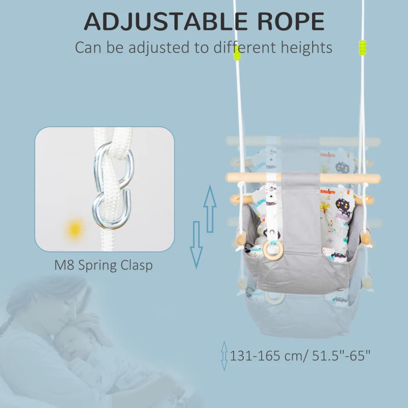 Outsunny Indoor Baby Swing with 2 Cushions, Infant Chair Hanging Rope Max.176 Lbs, w/ Cotton Weave for Home Patio Lawn, 6 Months to 3 Years Old, Gray