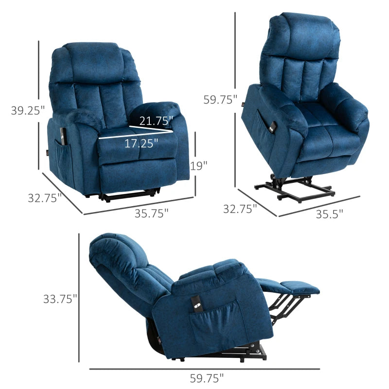 HOMCOM Power Lift Chair, Electric Recliner for Elderly, Compact Living Room Chair with Side Pocket & Remote Control, Blue