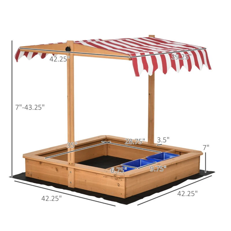 Outsunny Kids Wooden Sandbox w/ Two Plastic Boxes Foldable Bench Seat Waterproof Cover Bottom Liner Storage Space