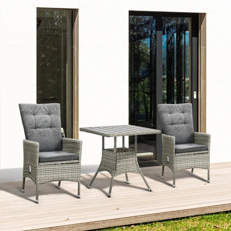 Outsunny 3 Piece Patio Bistro Set with Cushions, PE Rattan Porch Furniture with 2 Reclining Wicker Chairs and Faux Wood Outdoor Coffee Table, Conversation Set with Recliners, Gray