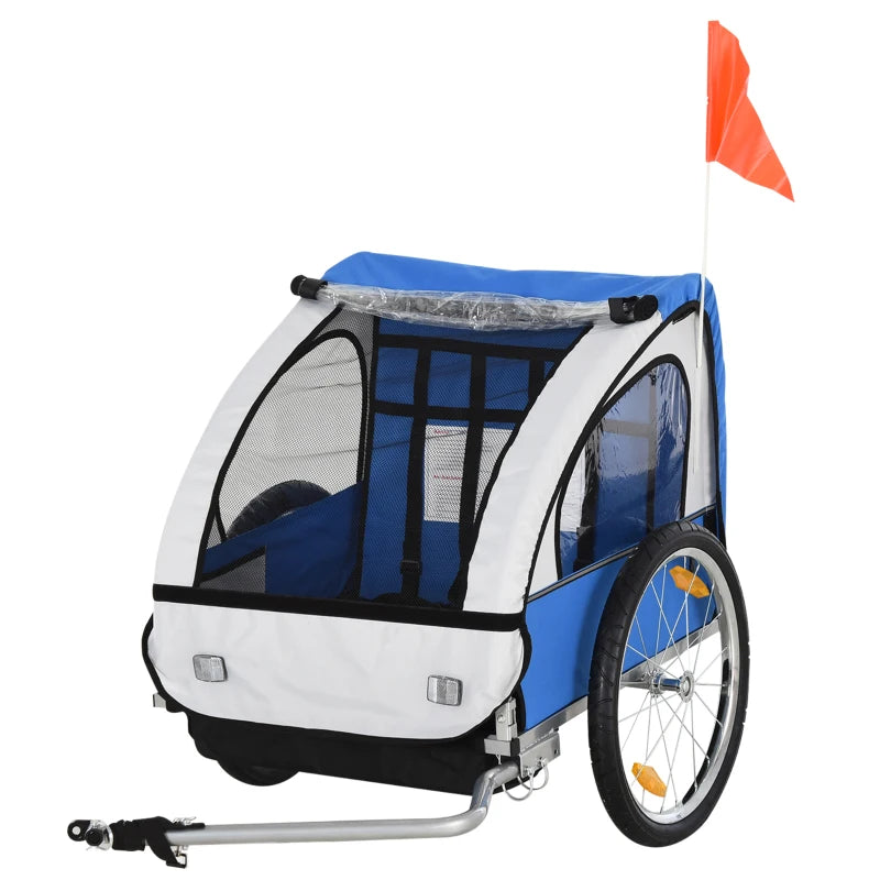 ShopEZ USA Elite Three-Wheel Bike Trailer for Kids Bicycle Cart for Two Children with 2 Security Harnesses & Storage, Blue