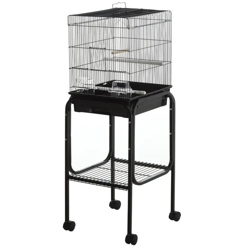 PawHut 51" Metal Indoor Bird Cage Starter Kit with Detachable Rolling Stand, Storage Basket, and Accessories - Black