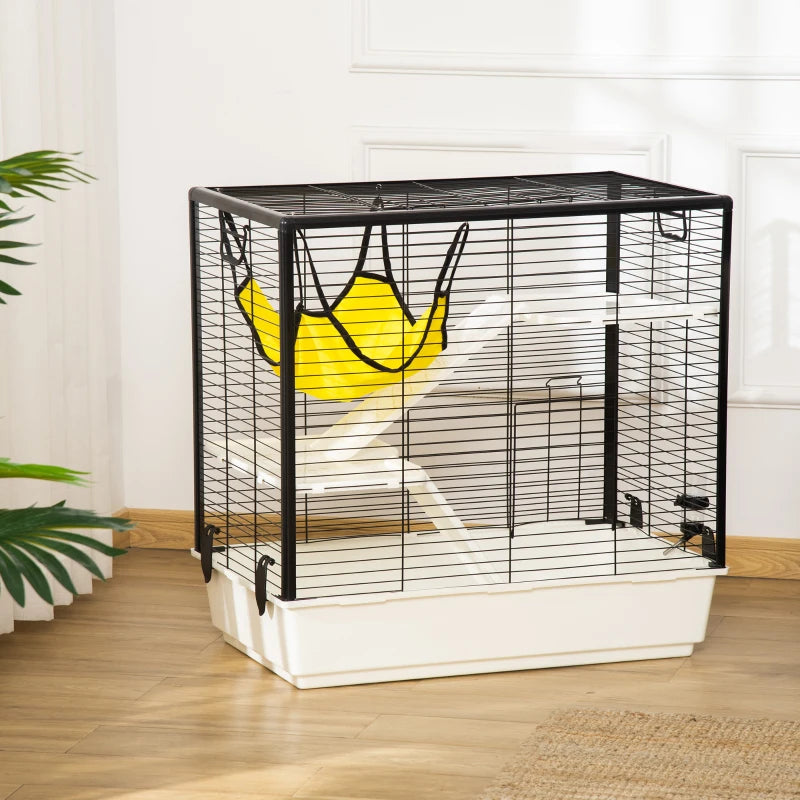 PawHut Small Animal Cage Habitat, Indoor Pet Play House for Guinea Pigs Ferrets Chinchillas, With Accessories Hammock Water Bottle Balcony Ramp Food Dish, 31.5"x19"x30.75", Yellow