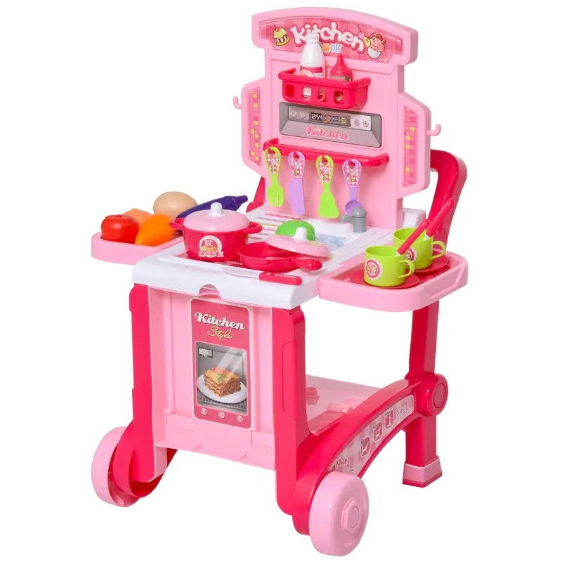 Qaba Kids Toy Pretend Play Kitchen Set Role Play with a Unique 3-in-1 Design, 42 Accessory Pieces, & Child-Safe Material
