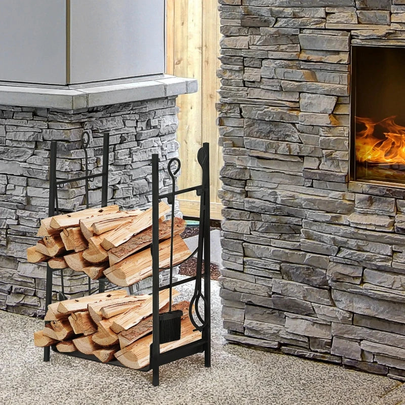 Outsunny Outdoor 2-Tier Fireplace Log Rack 18" Firewood Holder w/ Poker, Tongs, Hooks